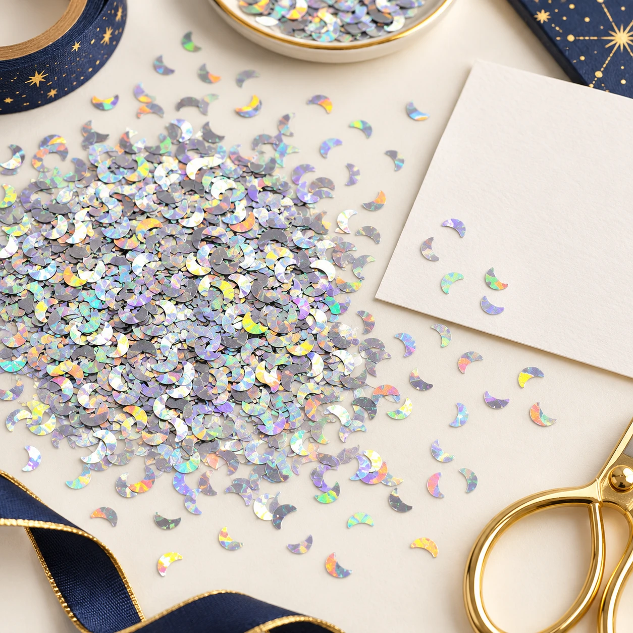 Mini Iridescent Crescent Sequins MA112 in an illustrative craft workspace