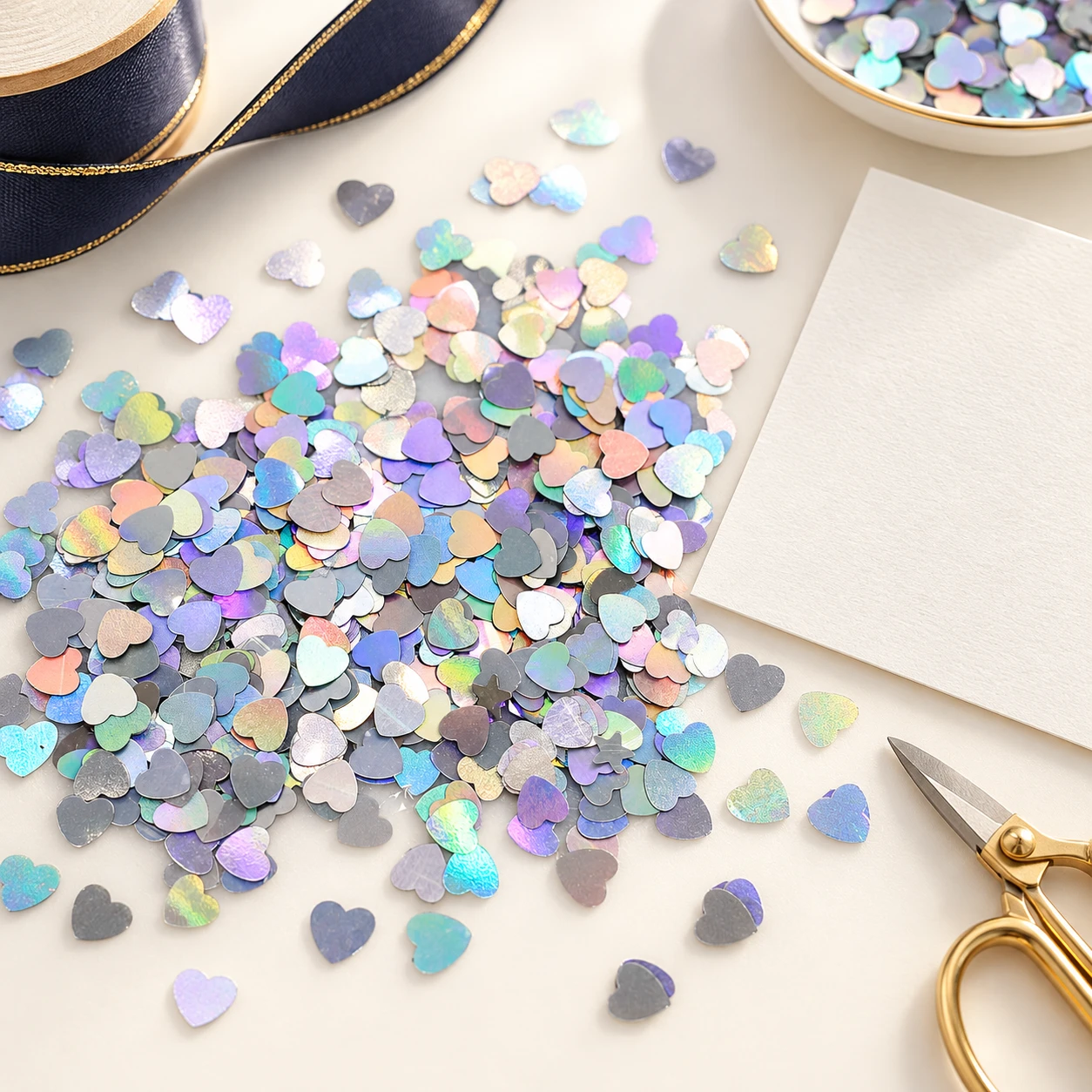 Mini Iridescent Heart Sequins MA071 in an illustrative craft workspace