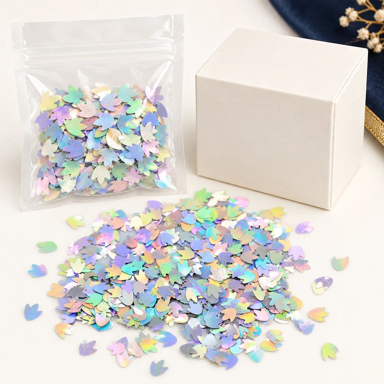 Mini Iridescent Leaf Sequins MA066 with illustrative private-label packaging