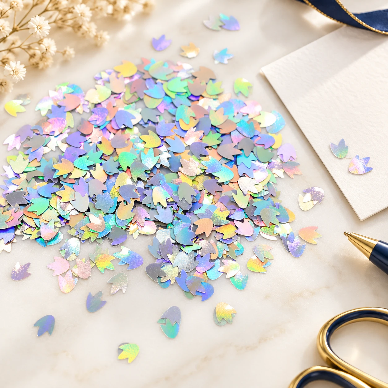 Mini Iridescent Leaf Sequins MA066 in an illustrative craft workspace