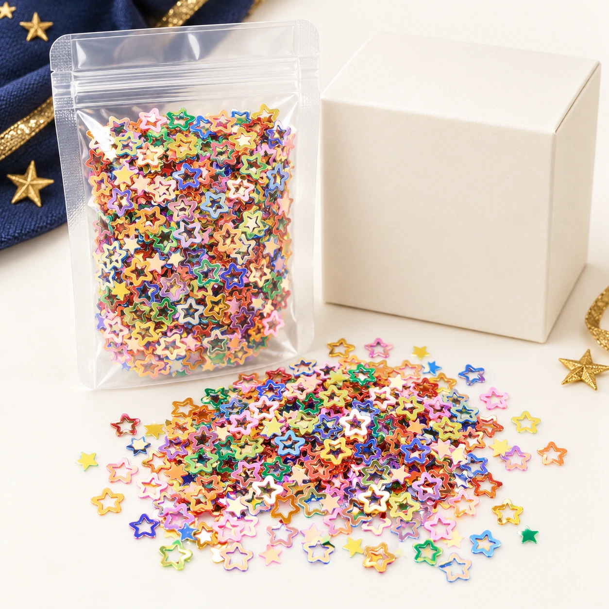 Mini Metallic Hollow Star Sequins MA084 with illustrative private-label packaging
