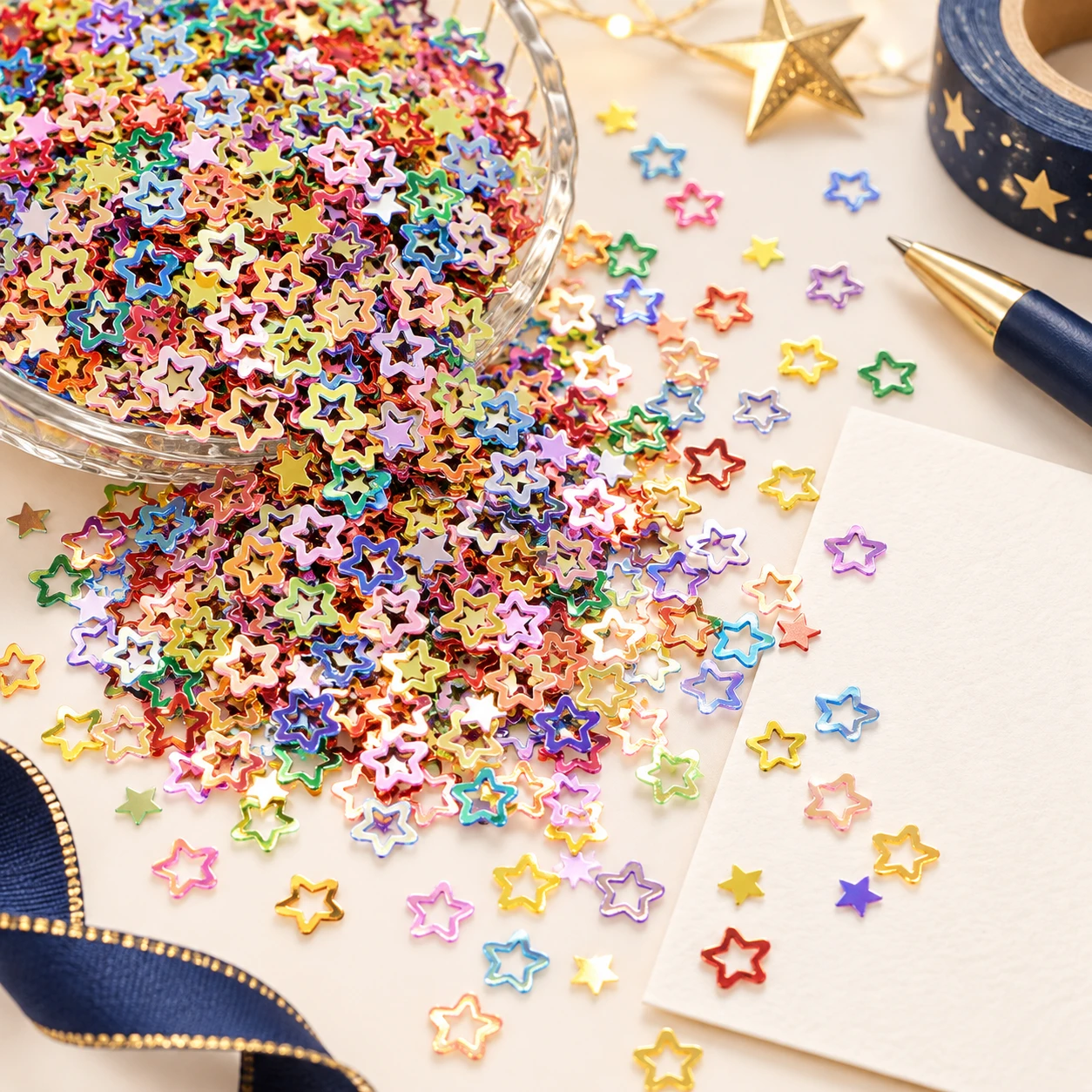 Mini Metallic Hollow Star Sequins MA084 in an illustrative craft workspace