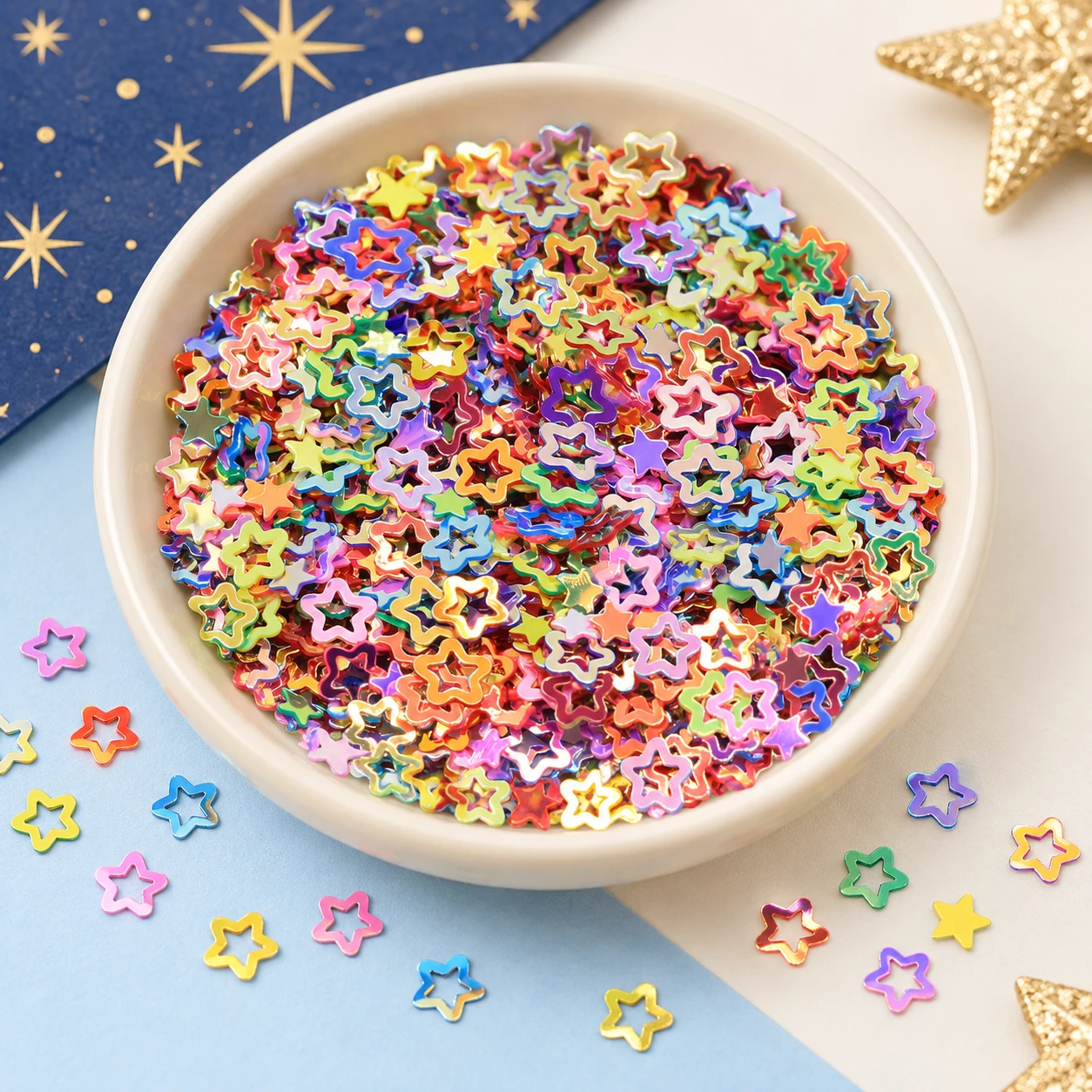 Mini Metallic Hollow Star Sequins MA084 displayed for assortment selection