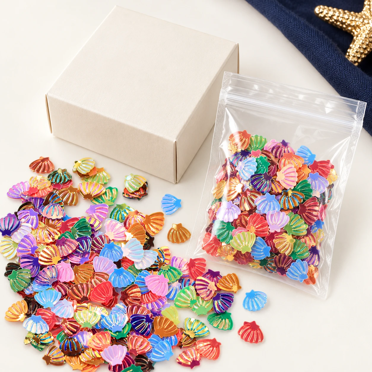 Mini Metallic Shell Sequins MA010 with illustrative private-label packaging