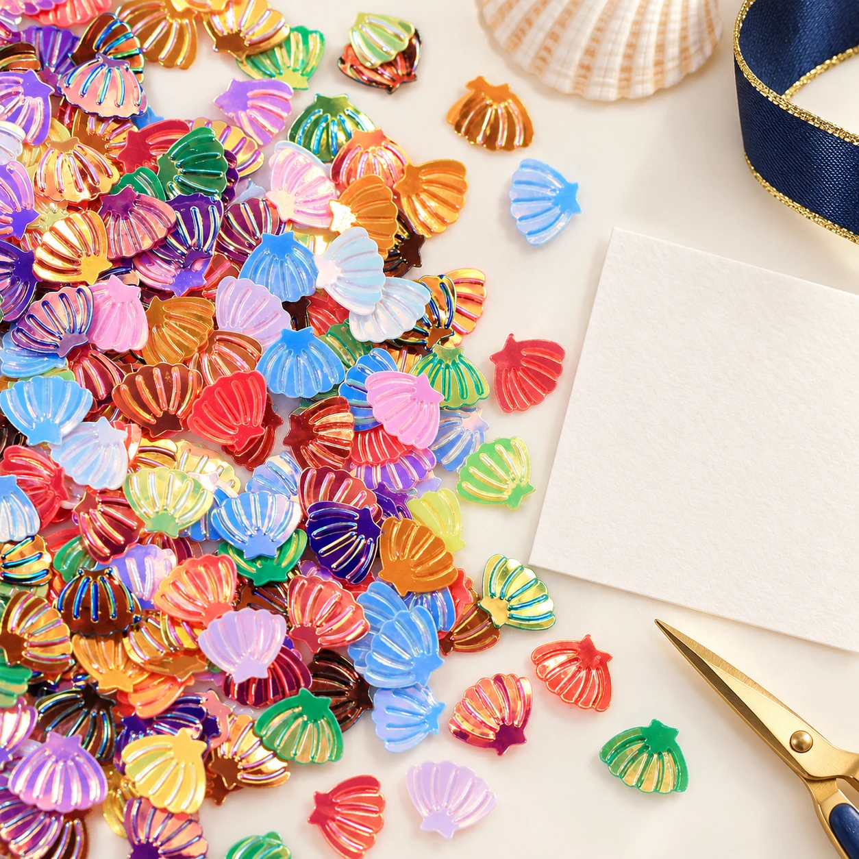 Mini Metallic Shell Sequins MA010 in an illustrative craft workspace
