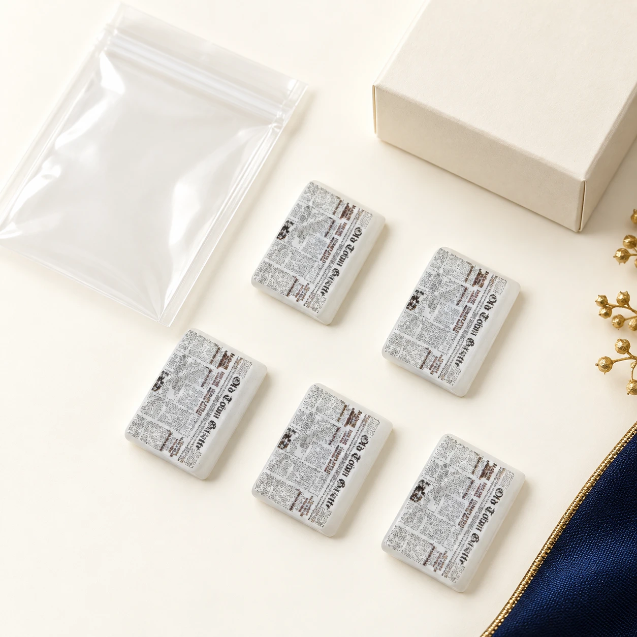 Mini Newspaper Resin Charms RW001857 with illustrative private-label packaging