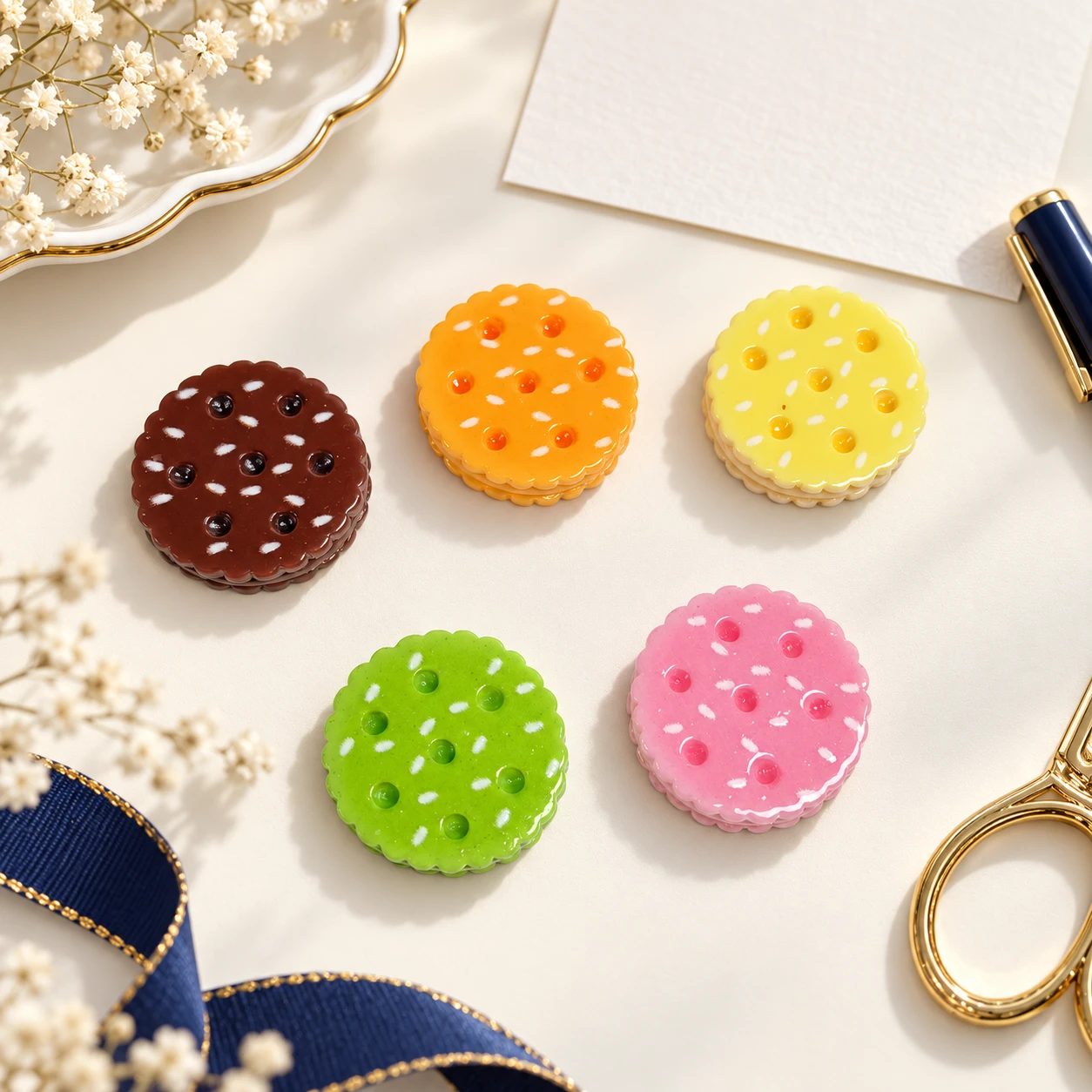 Mixed Cookie Resin Cabochons RW001406 in an illustrative craft workspace
