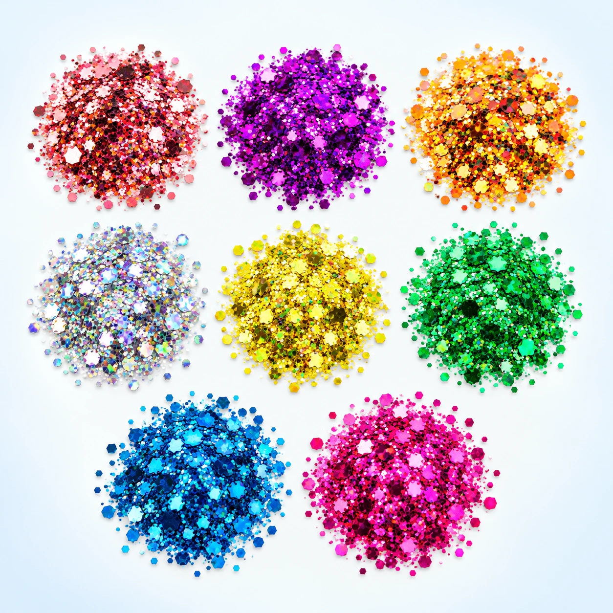Mixed-Size Hexagon Glitter Color Collection MA168 on a clean light studio background