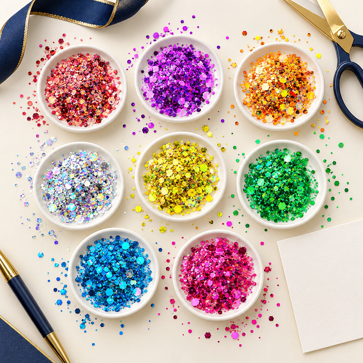 Mixed-Size Hexagon Glitter Color Collection MA168 in an illustrative craft workspace