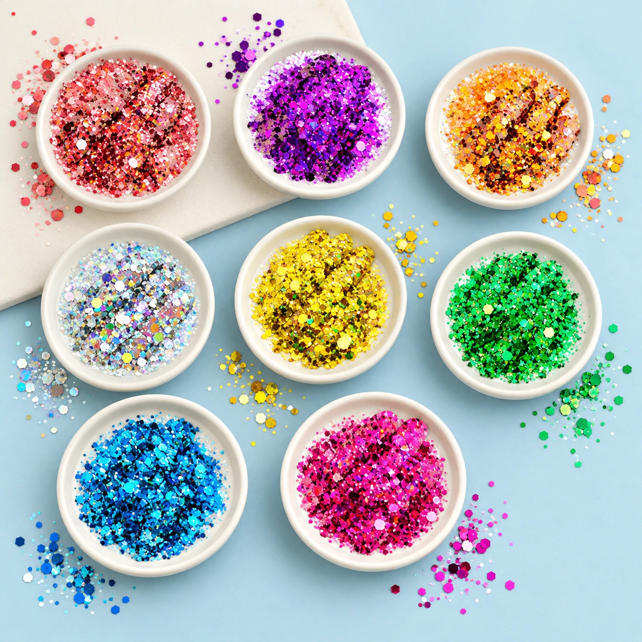 Mixed-Size Hexagon Glitter Color Collection MA168 displayed for assortment selection