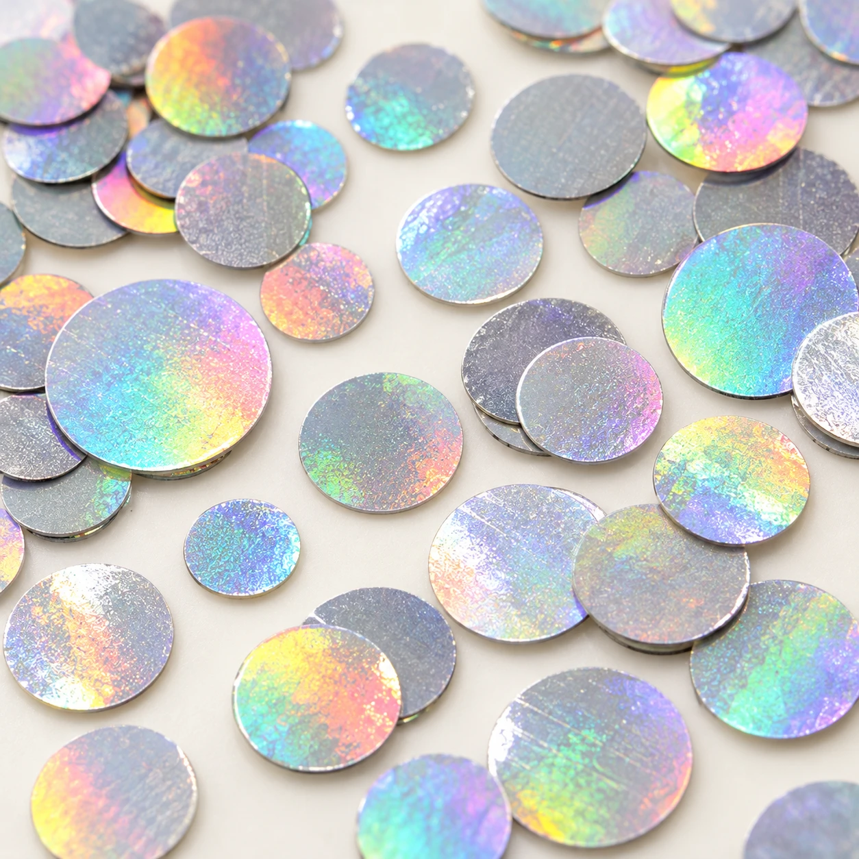 Mixed-Size Iridescent Round Sequins MA266 close-up showing the decorative shape and finish