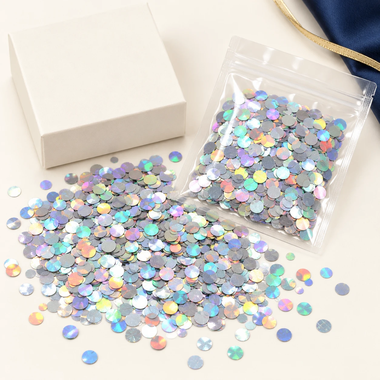 Mixed-Size Iridescent Round Sequins MA266 with illustrative private-label packaging