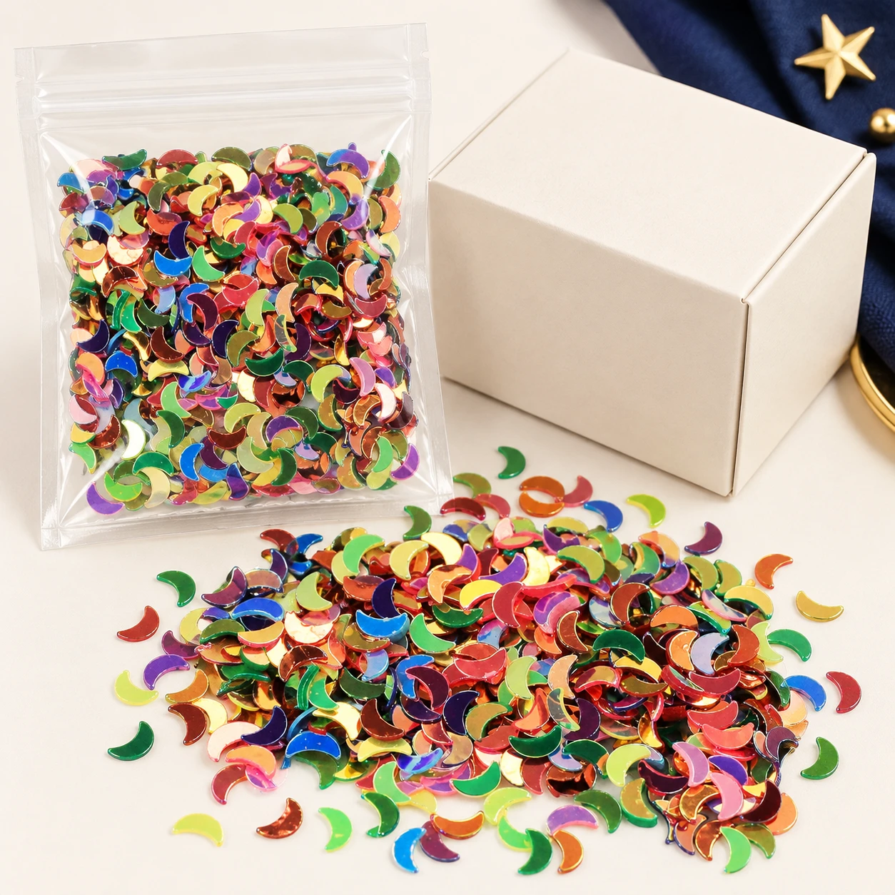 Multicolor Crescent Moon Sequins MA055 with illustrative private-label packaging