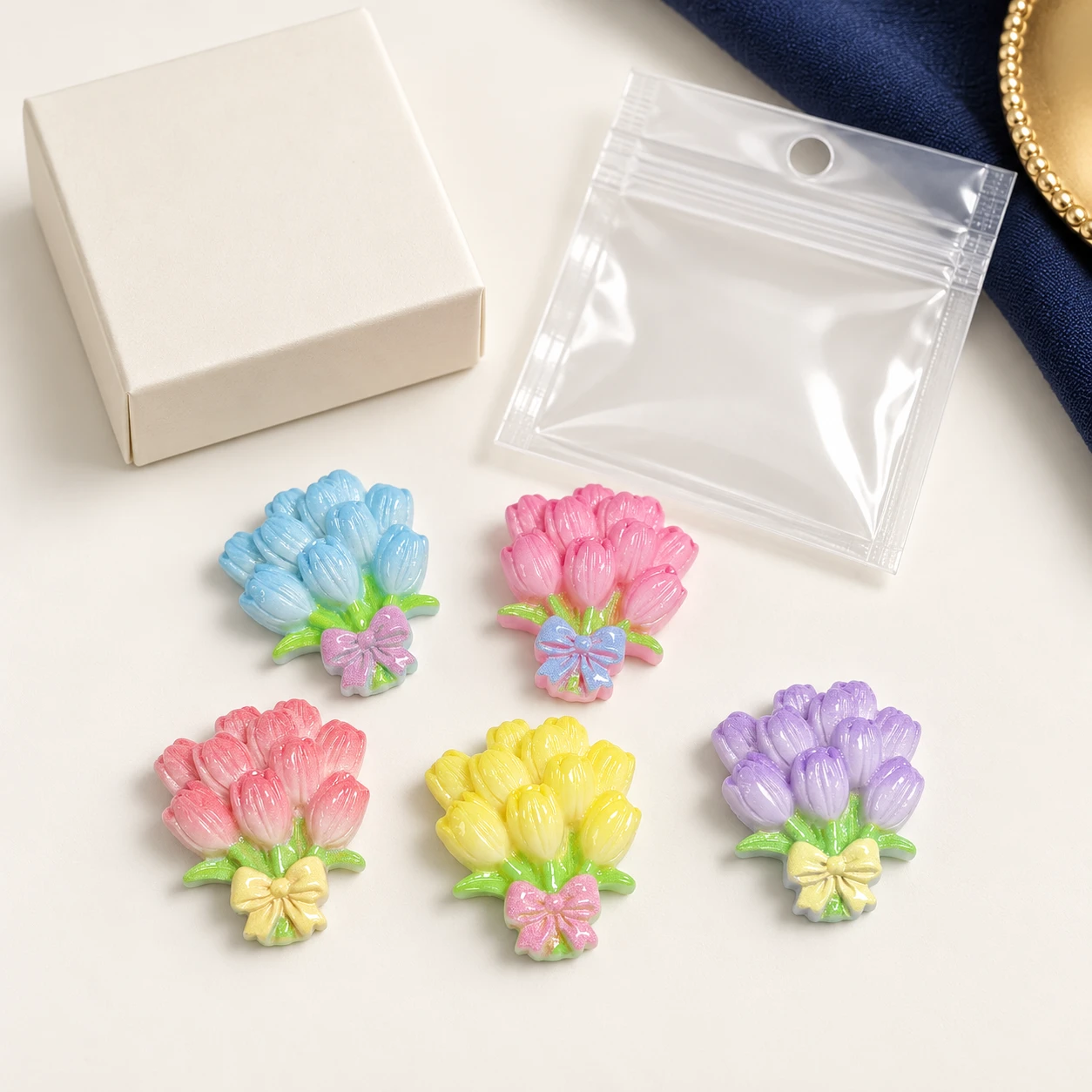 Pastel Bouquet Resin Charms RW002650 with illustrative private-label packaging