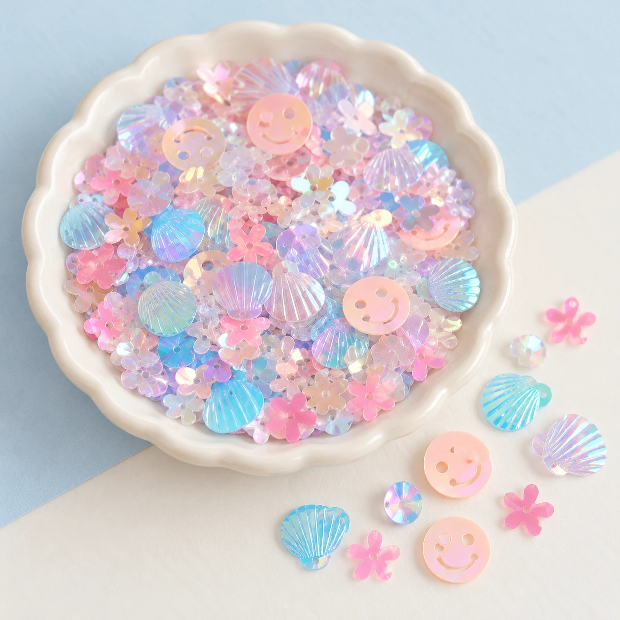 Pastel Iridescent Smiley Face Sequins MA184 displayed for assortment selection