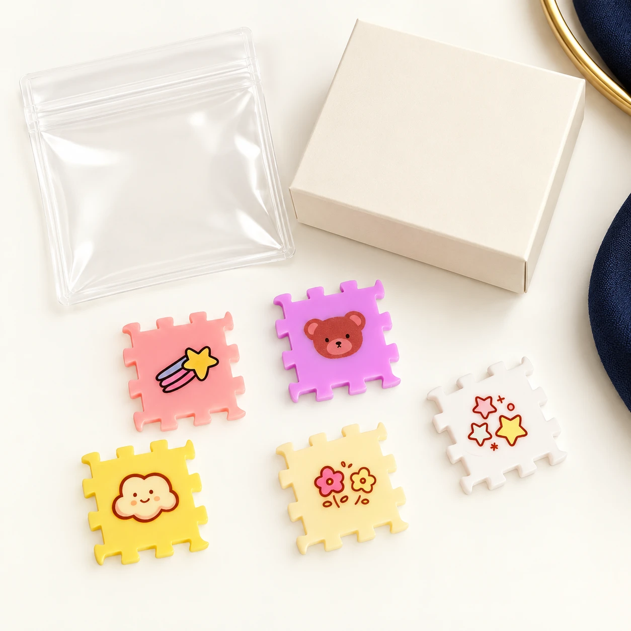 Pastel Puzzle Tile Acrylic Charms RW001859 with illustrative private-label packaging