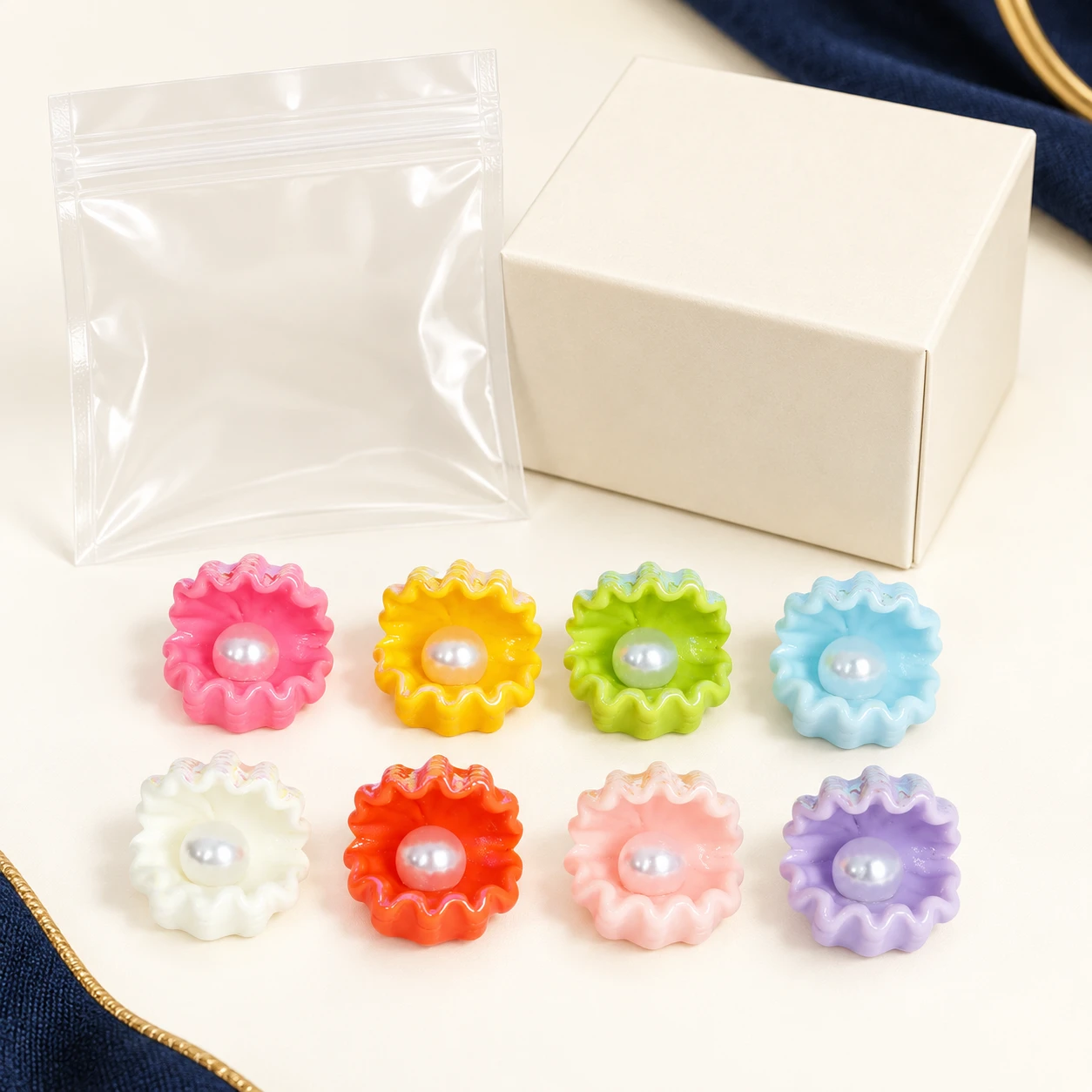 Pearl-Center Ruffled Flower Resin Charms RW0021224 with illustrative private-label packaging
