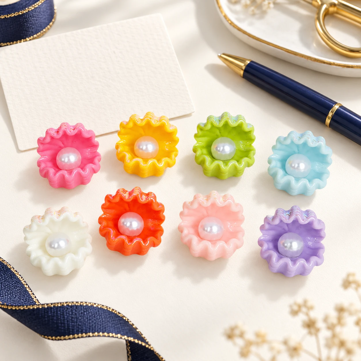 Pearl-Center Ruffled Flower Resin Charms RW0021224 in an illustrative craft workspace
