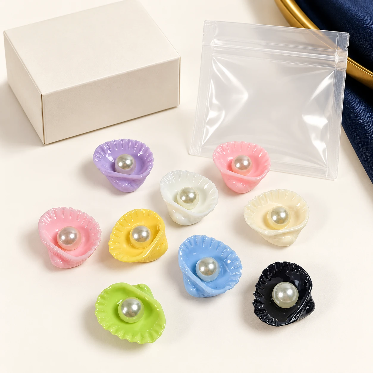 Pearl Shell Resin Charms RW001392 with illustrative private-label packaging