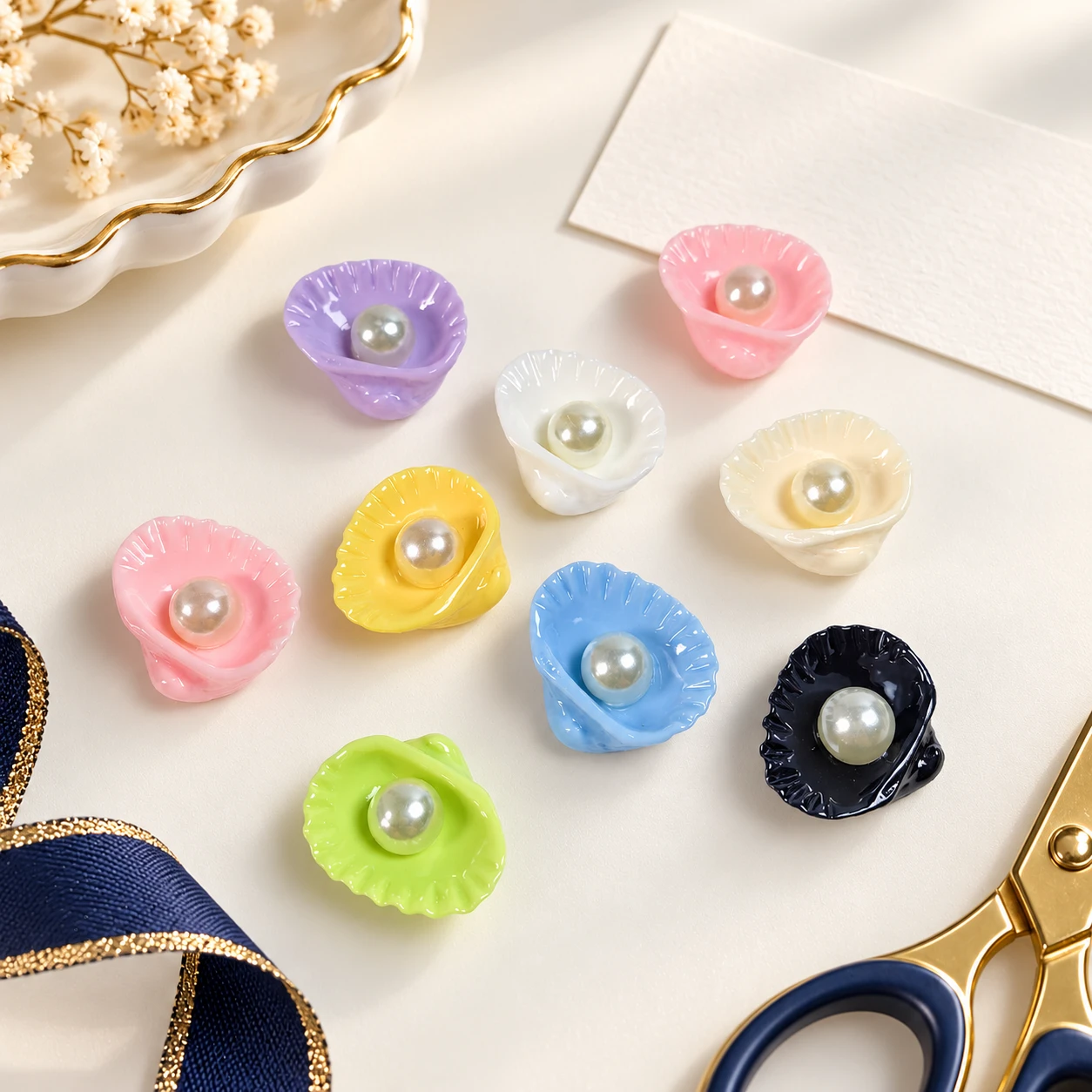 Pearl Shell Resin Charms RW001392 in an illustrative craft workspace