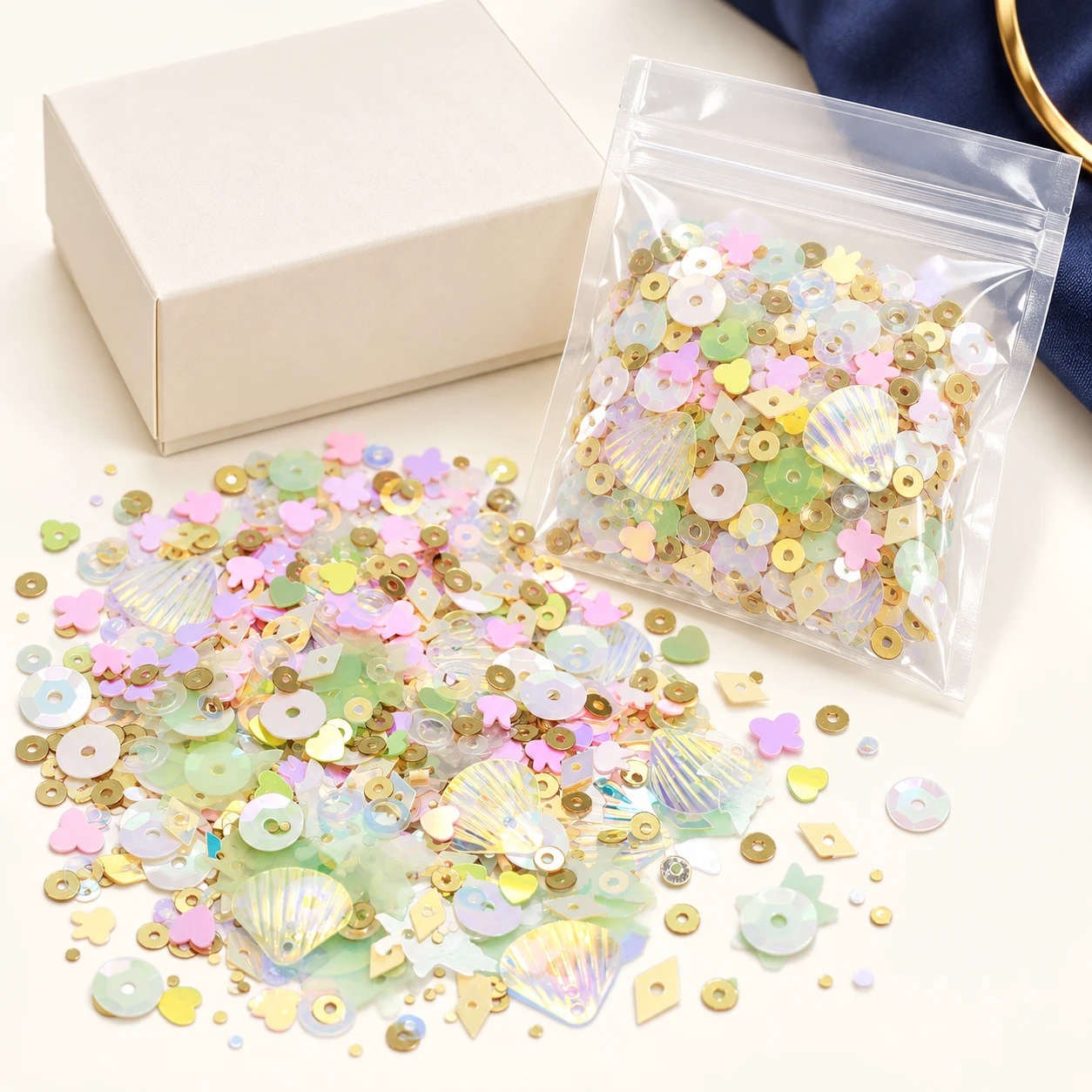 Pearlescent Decorative Sequin Assortment MA106 with illustrative private-label packaging