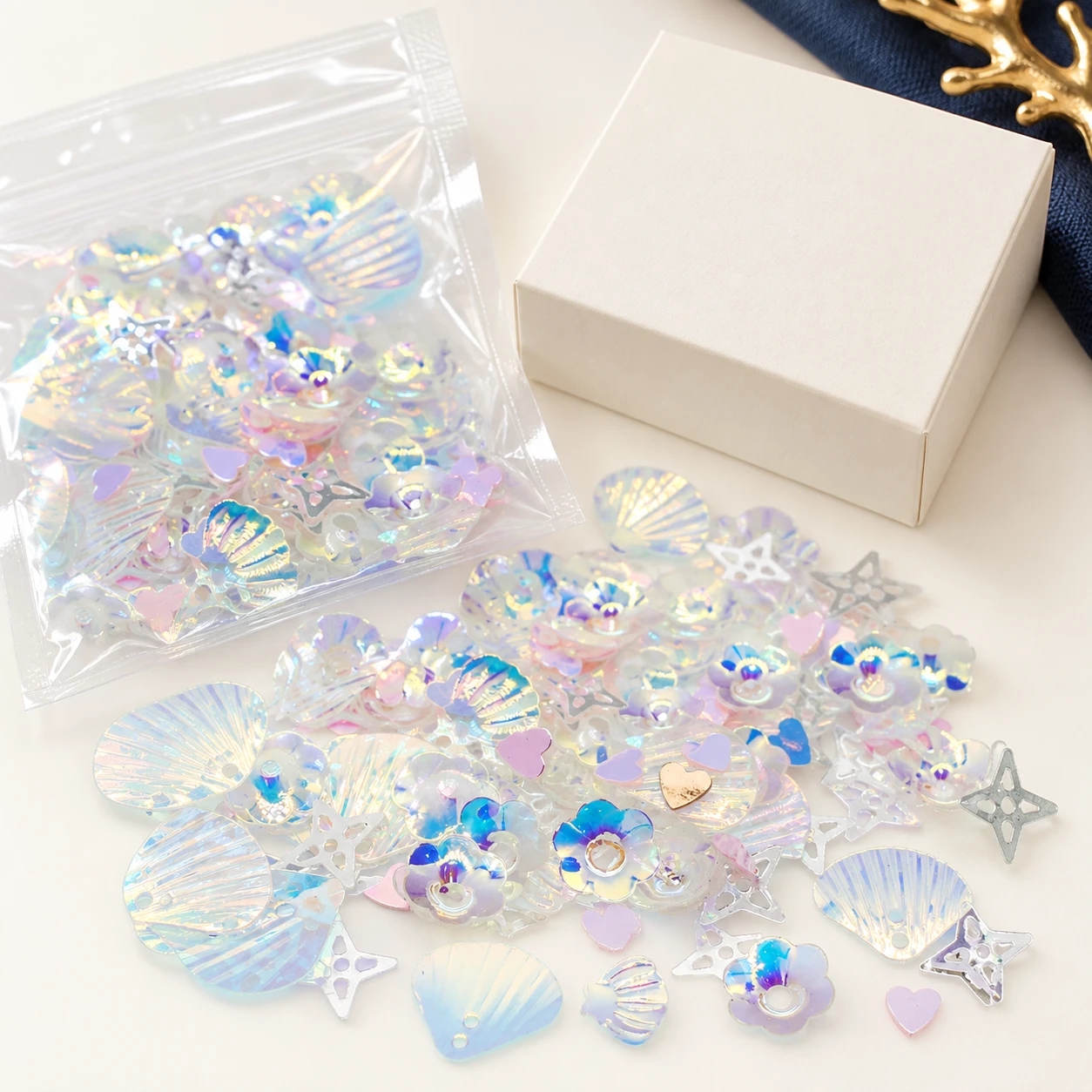 Pearlescent Shell and Disc Sequin Mix MA094 with illustrative private-label packaging