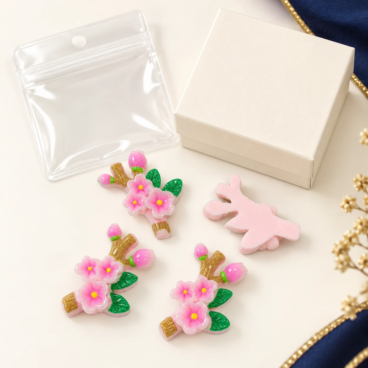 Pink Blossom Branch Resin Charms RW001862 with illustrative private-label packaging