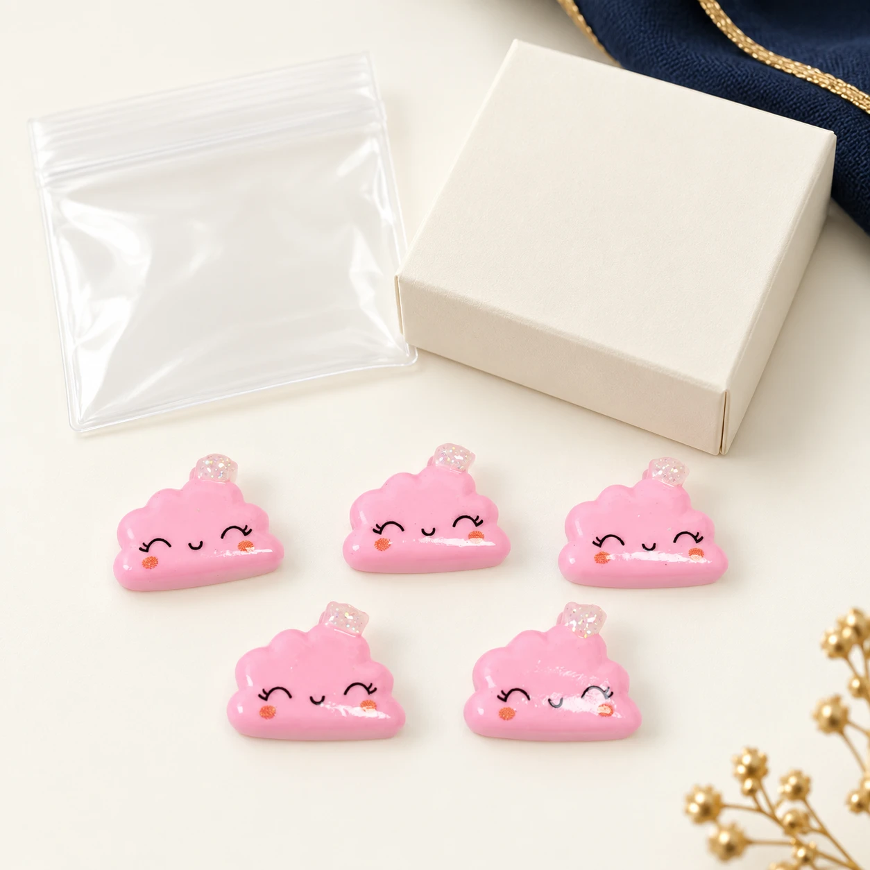Pink Smiling Cloud Resin Charms RW001862 with illustrative private-label packaging
