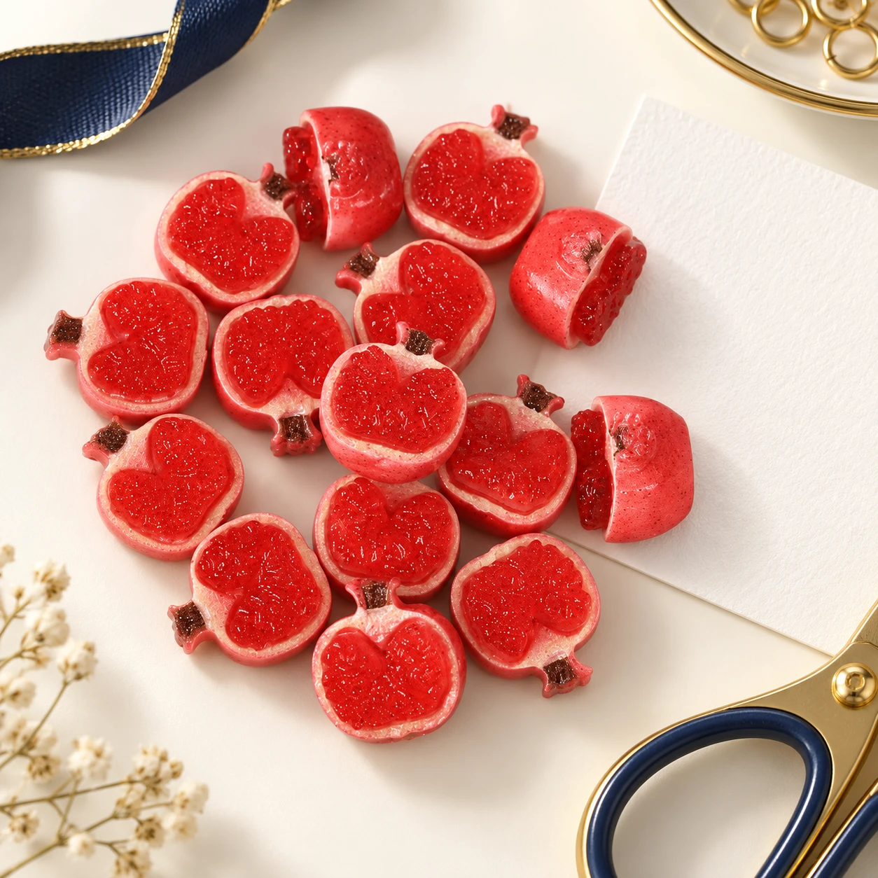 Red Glitter Apple Resin Charms RW003271 in an illustrative craft workspace