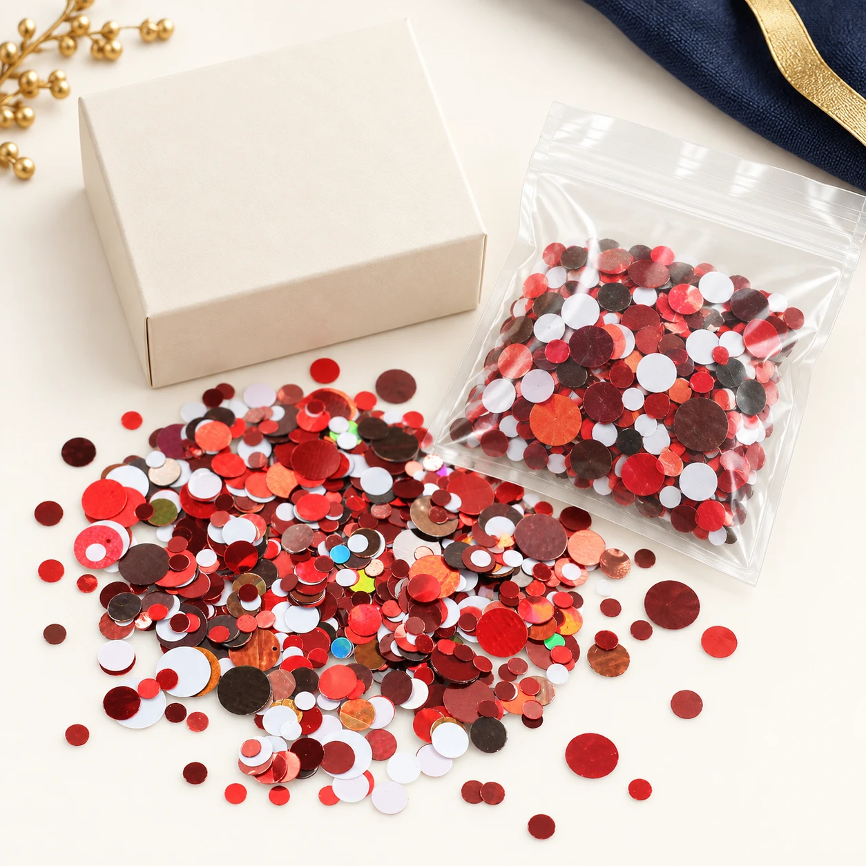 Red White Black Round Confetti Mix MA041 with illustrative private-label packaging