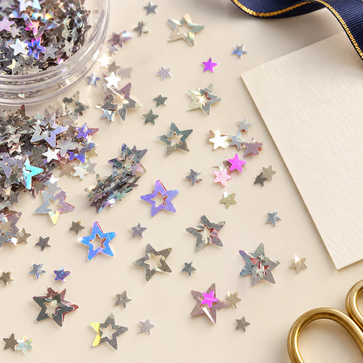 Silver Holographic Hollow Star Sequins MA174 in an illustrative craft workspace
