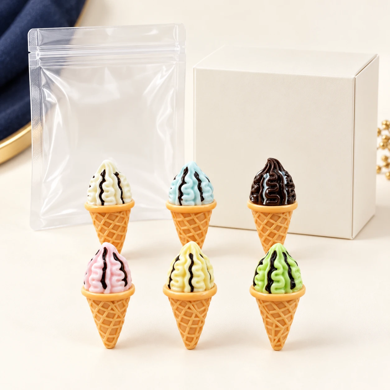 Soft-Serve Ice Cream Cone Resin Charms RW0023381 with illustrative private-label packaging