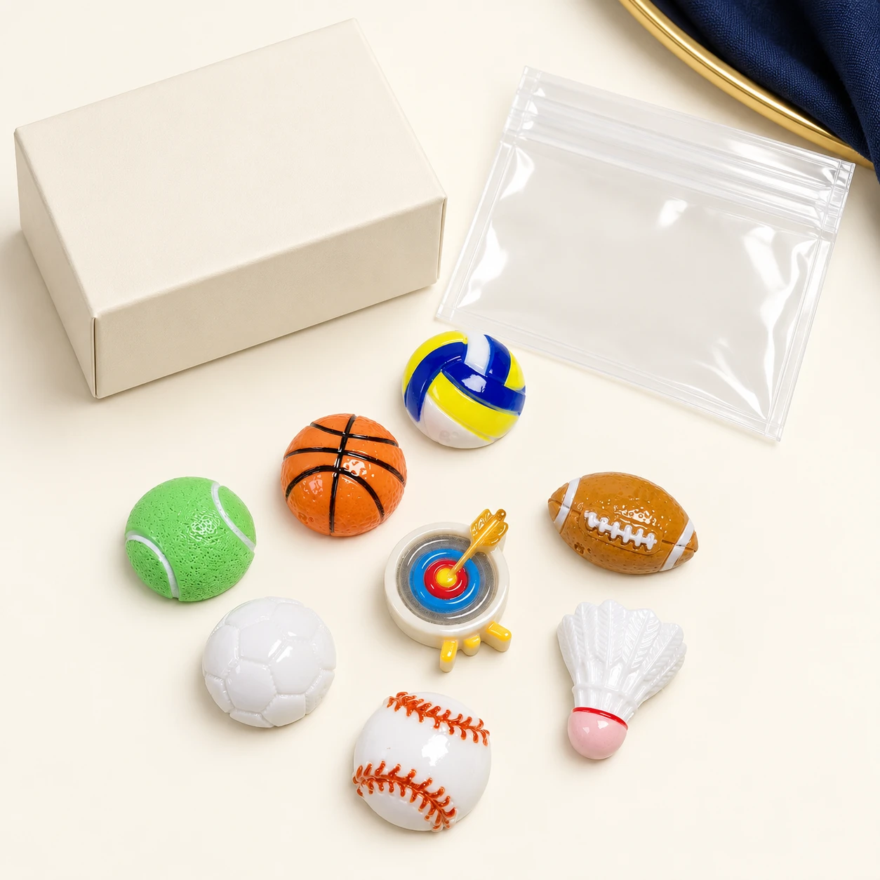 Sports Ball and Equipment Resin Charms RW002640 with illustrative private-label packaging
