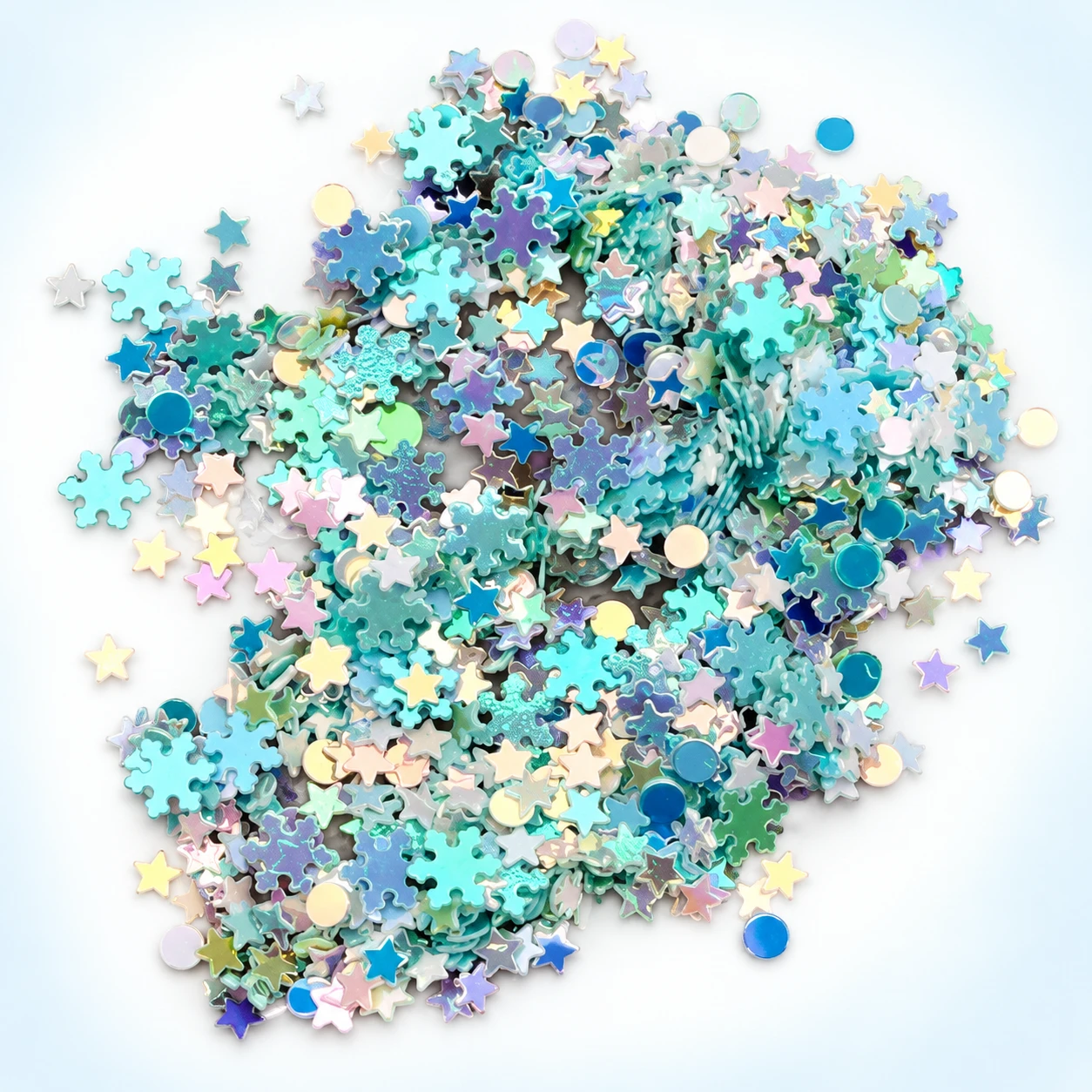Teal Star and Snowflake Sequin Mix MA154 on a clean light studio background