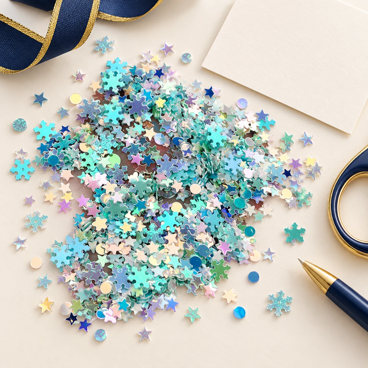 Teal Star and Snowflake Sequin Mix MA154 in an illustrative craft workspace