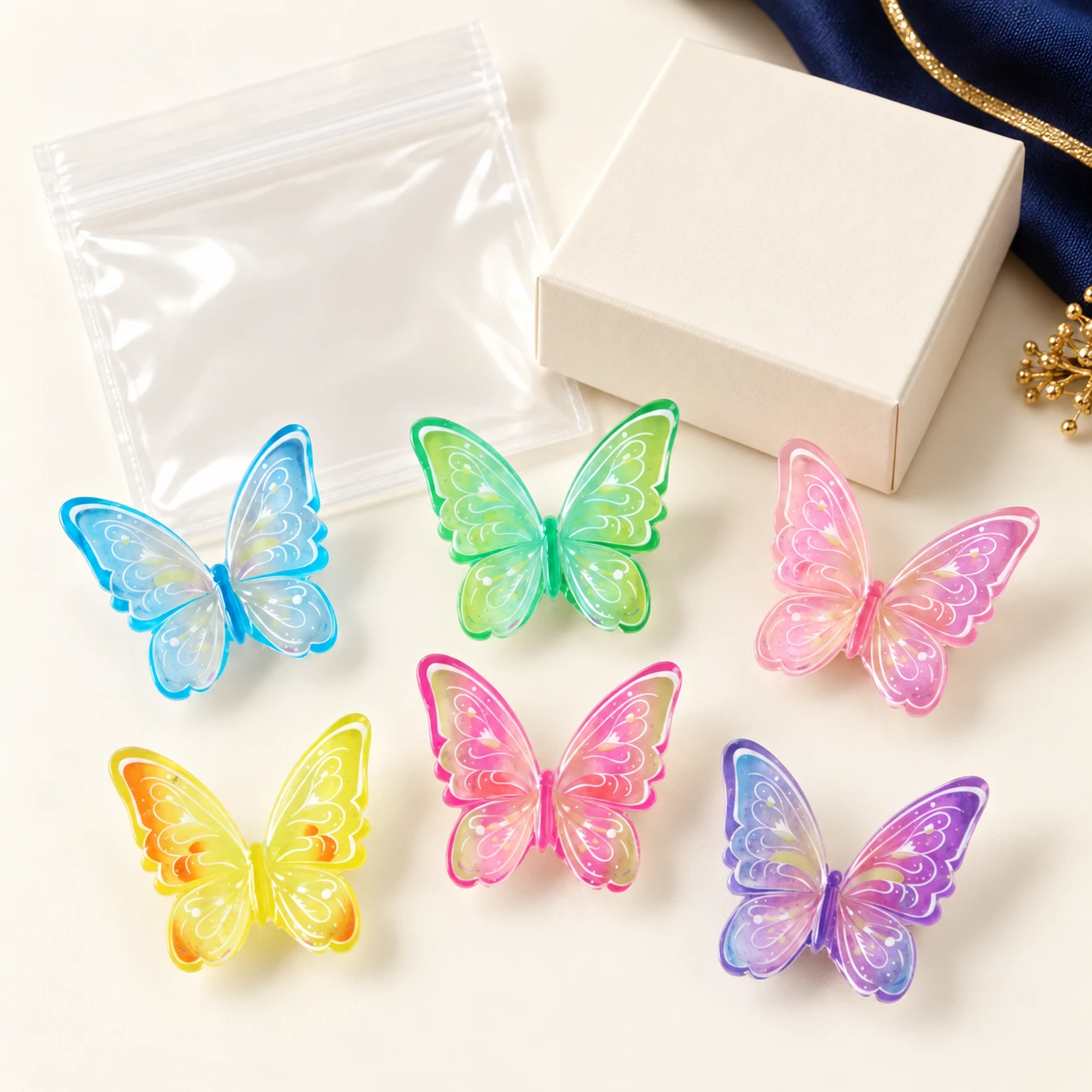 Translucent Butterfly Resin Charms RW003309 with illustrative private-label packaging