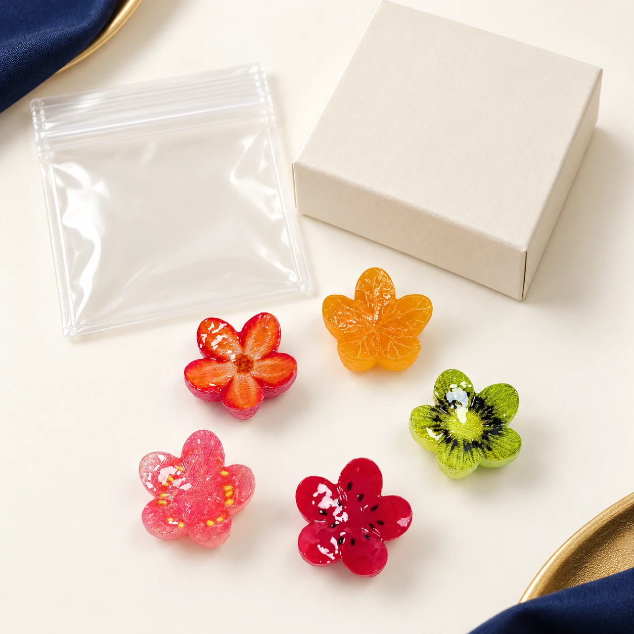 Translucent Fruit Flower Resin Charms RW001398 with illustrative private-label packaging