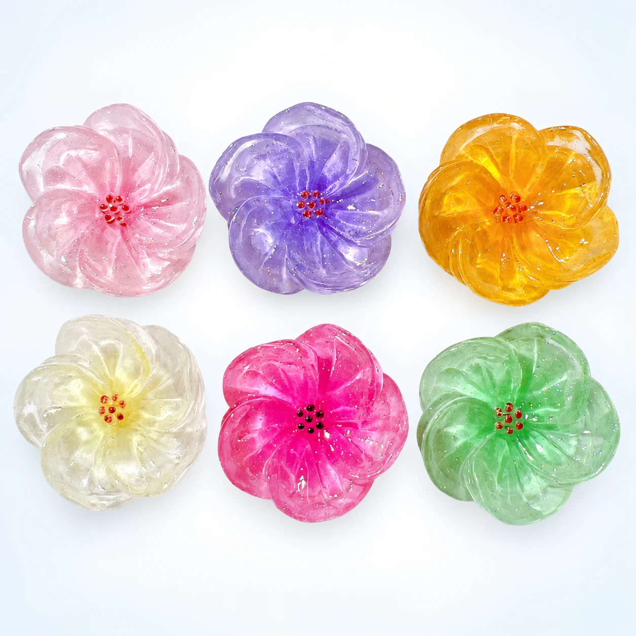 Translucent Glitter Flower Resin Charms RW0022500 on a clean light studio background