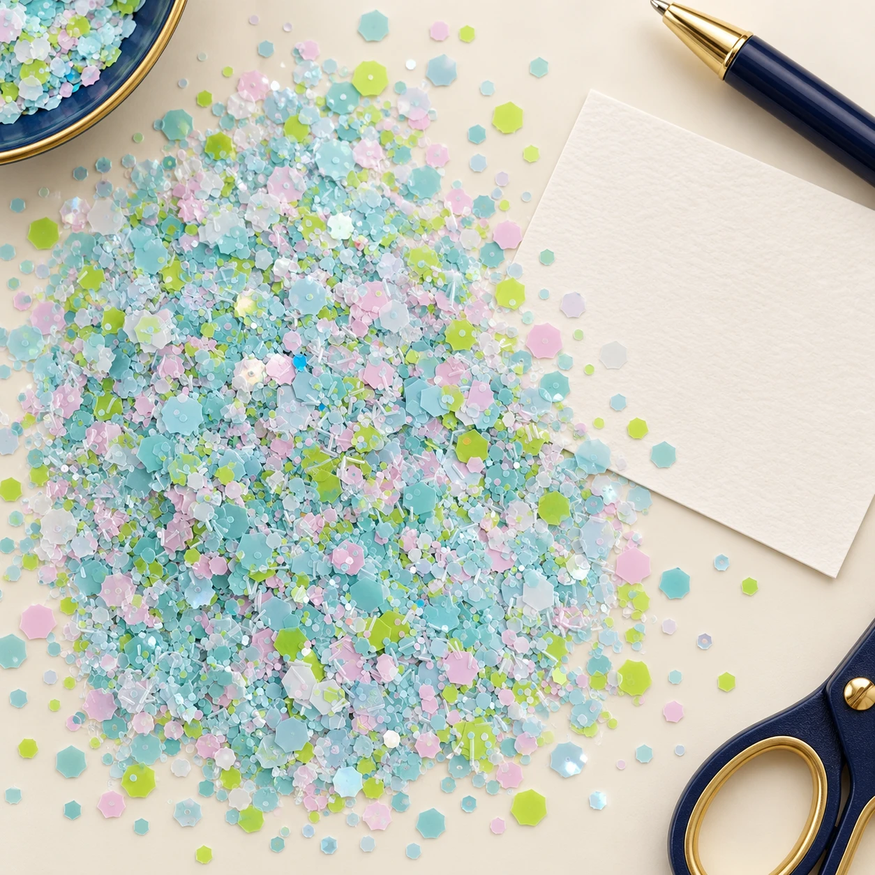 Ultrathin Iridescent Hexagon Confetti MA276 in an illustrative craft workspace