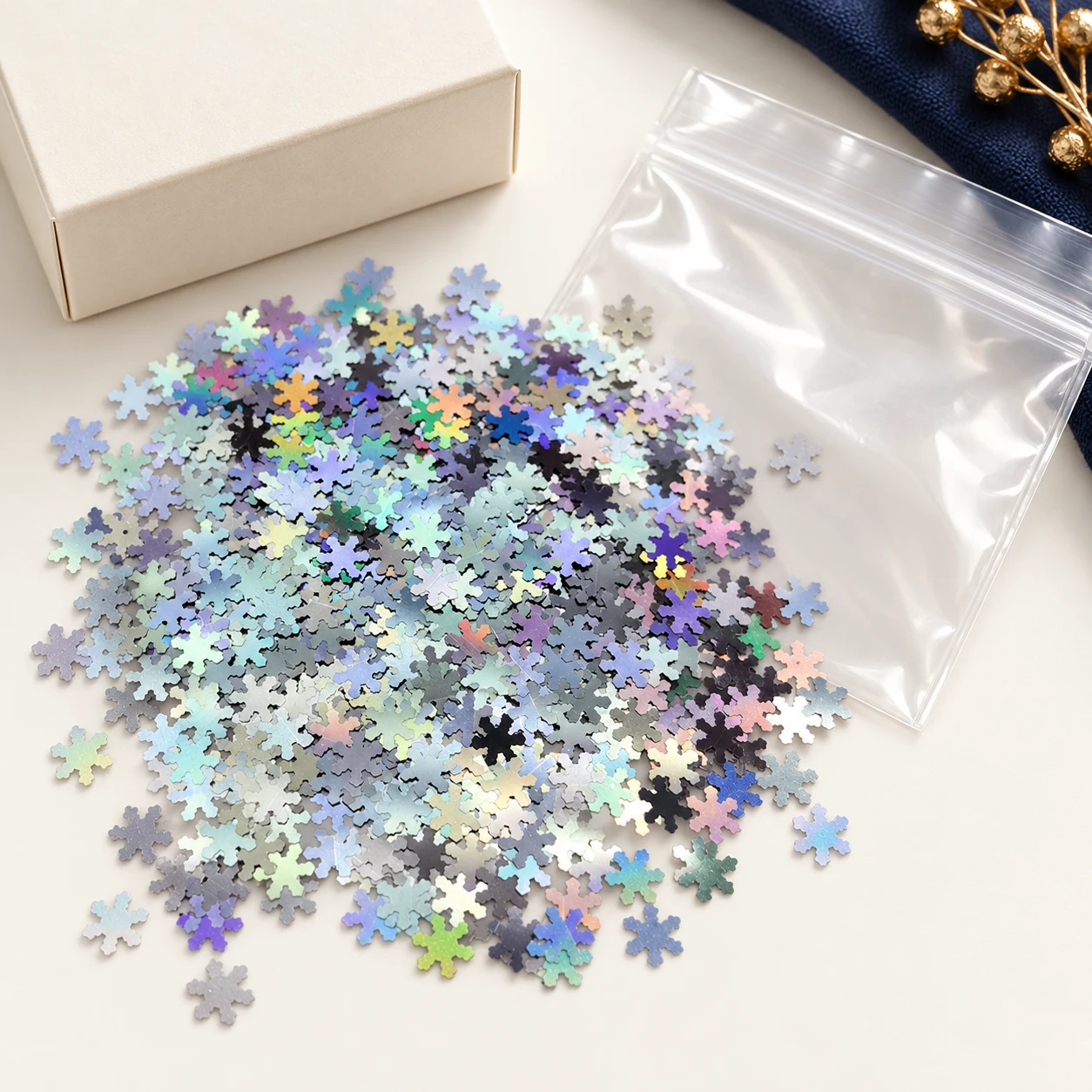 Ultrathin Iridescent Snowflake Sequins MA282 with illustrative private-label packaging
