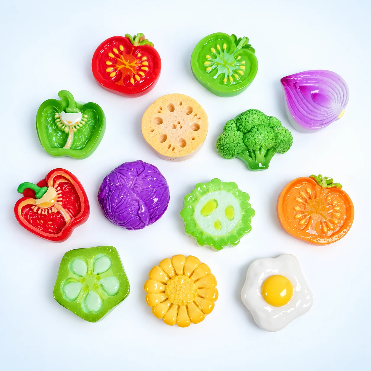 Vegetable Slice and Fried Egg Resin Charms RW004682 on a clean light studio background