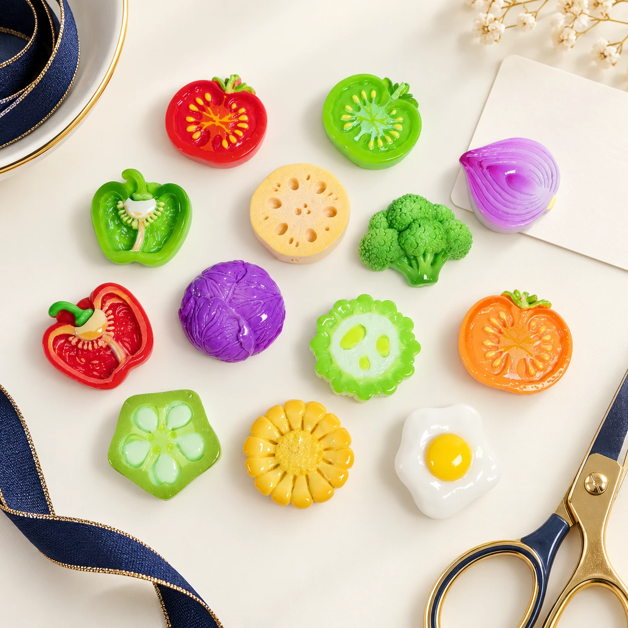 Vegetable Slice and Fried Egg Resin Charms RW004682 in an illustrative craft workspace