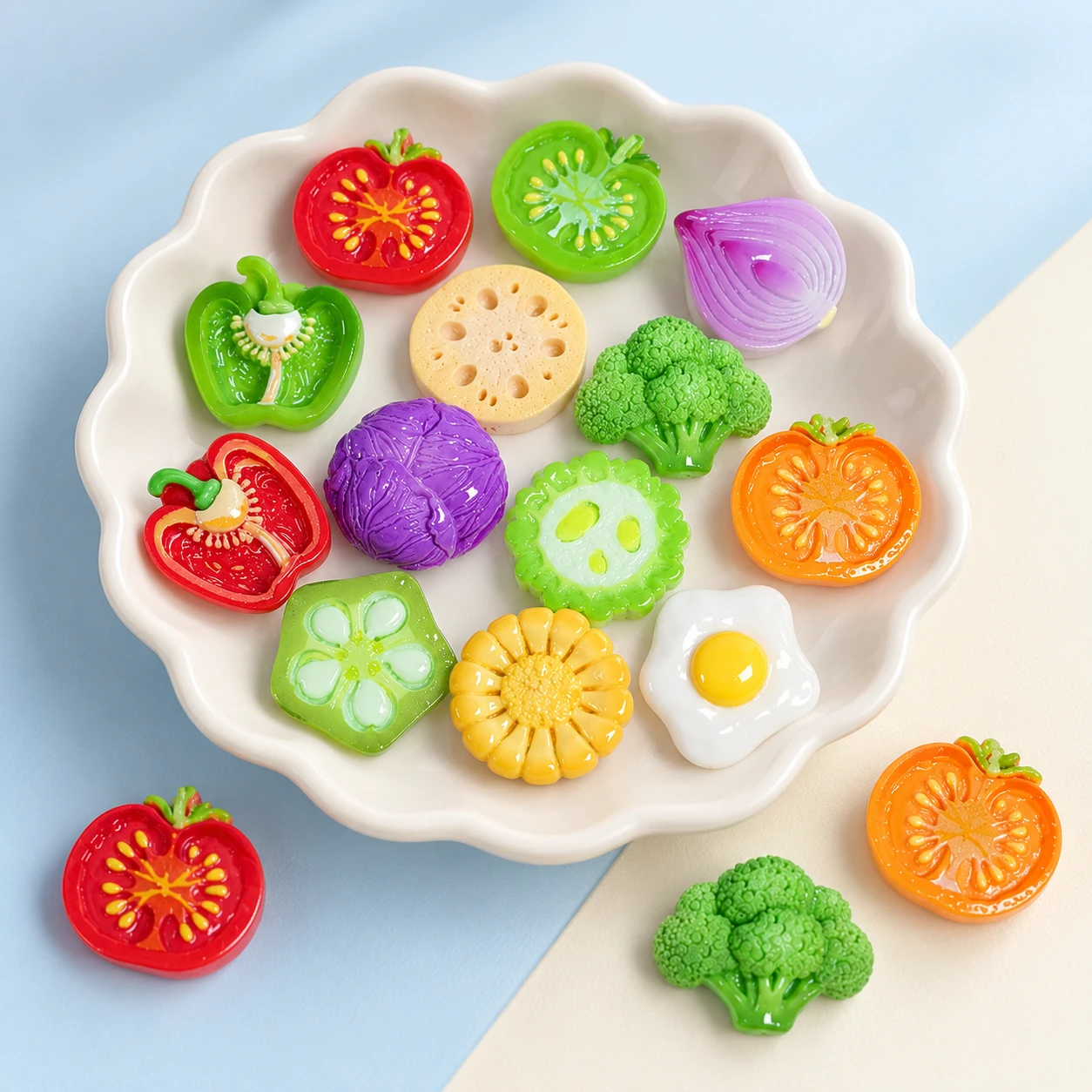 Vegetable Slice and Fried Egg Resin Charms RW004682 displayed for assortment selection