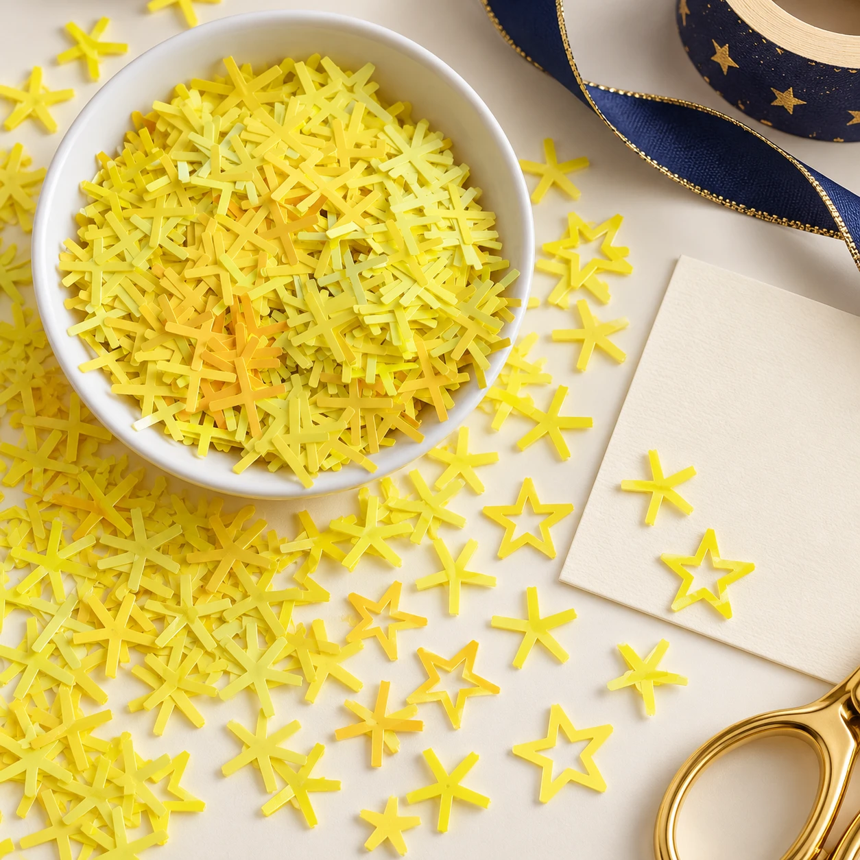 Yellow Star Confetti Mix MA294 in an illustrative craft workspace