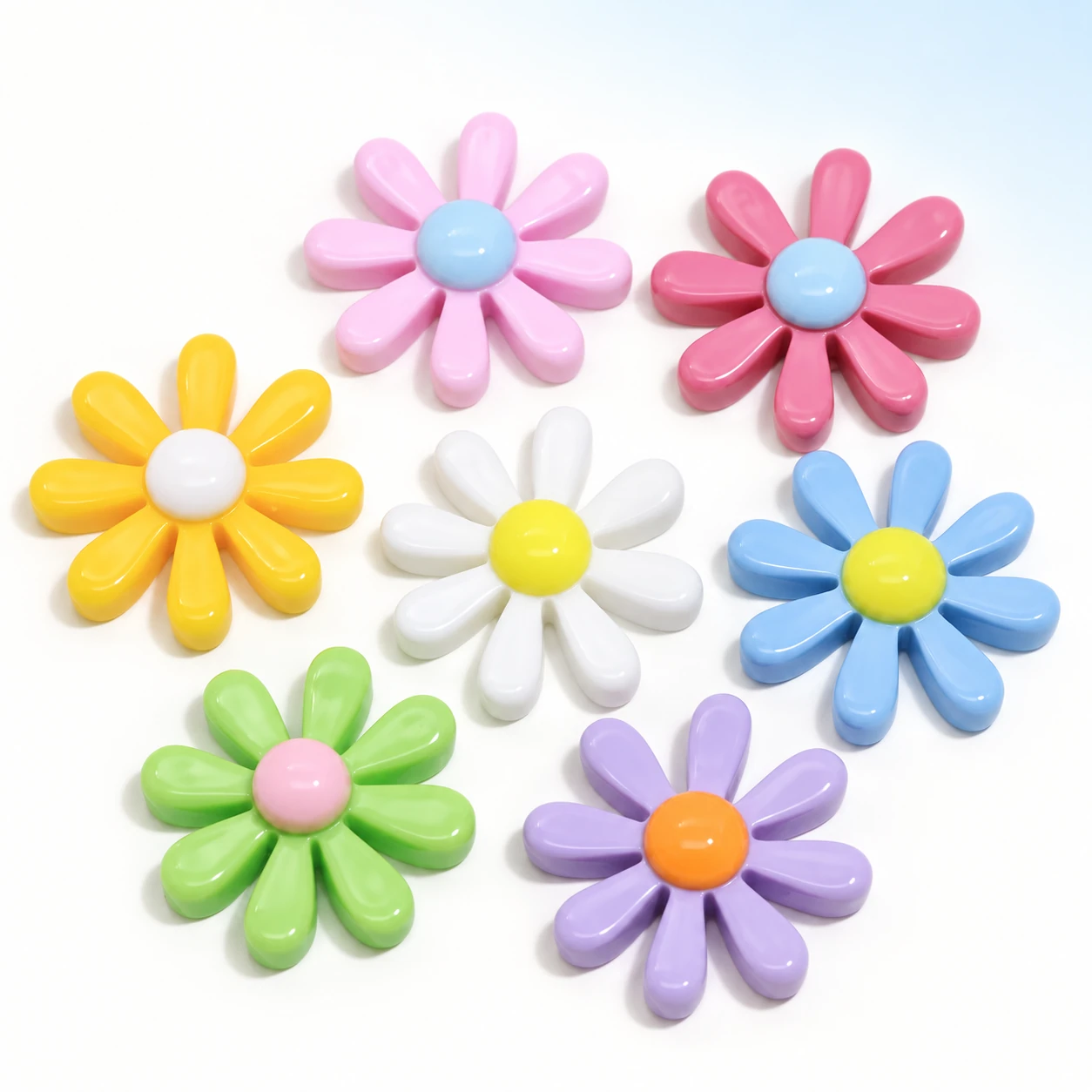 Colorful Daisy Acrylic Flatbacks on a bright white studio background, RW728