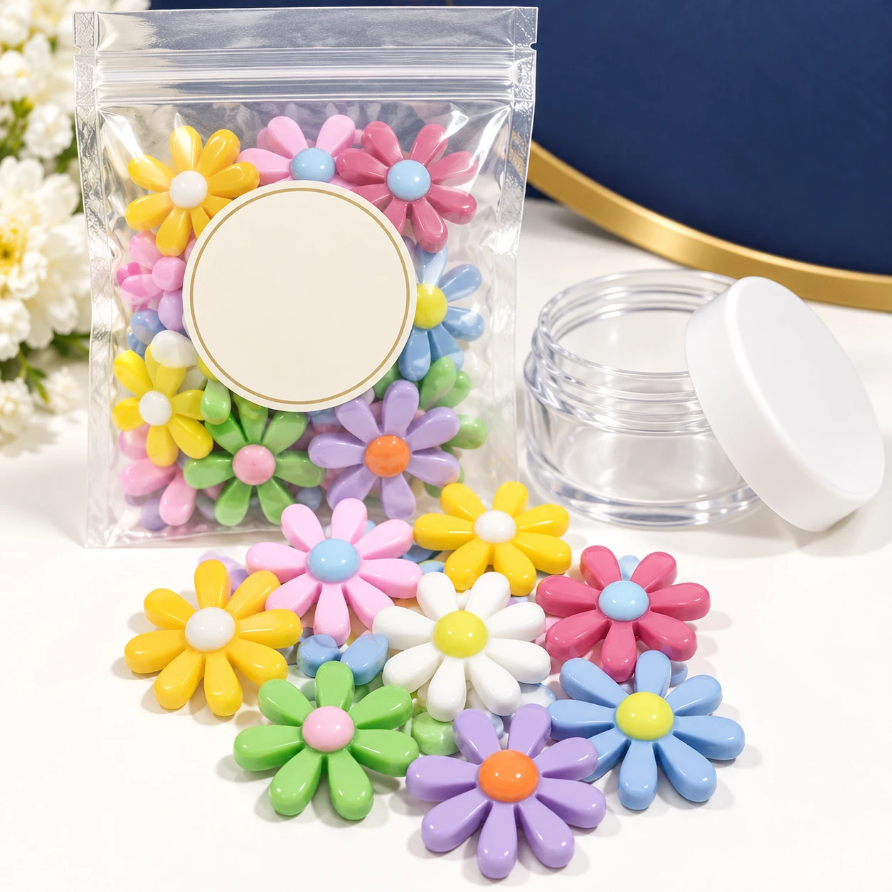 Colorful Daisy Acrylic Flatbacks with a clear pouch and sample jar for private-label packaging, RW728
