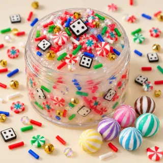 Illustrative slime jar decorated with small candy, dice and peppermint fillers; large candy charms beside it
