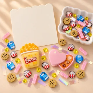 Illustrative blank craft card and loose popcorn, chocolate-box and snack filler pieces beside it