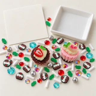 Illustrative blank craft card with loose strawberry tart, cupcake and holiday filler pieces nearby
