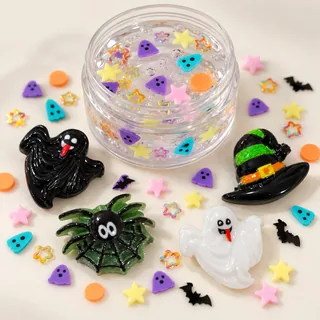 Illustrative clear slime jar with tiny pastel ghosts and stars while large Halloween charms rest outside